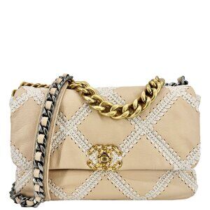 Chanel  19 Flap Large Calfskin Crochet Shoulder Bag Beige